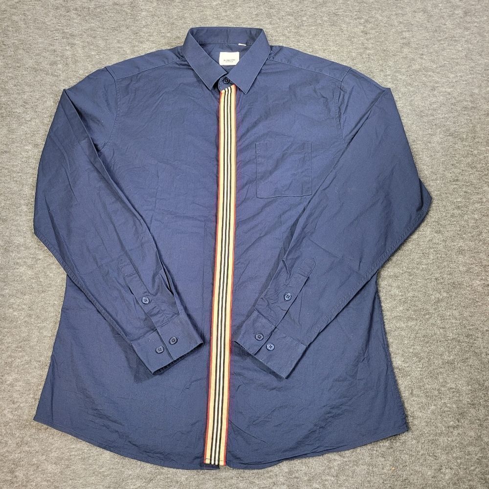 Burberry Silverton Iconic Stripe Dress Shirt Navy Blue XXL Nova Check Luxury
